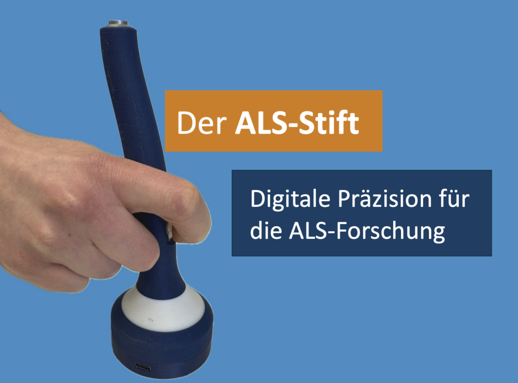 Hand gripping a blue screwdriver on a blue background, with orange banner 'Der ALS-Stift' and dark blue banner 'Digitale Präzision für die ALS-Forschung'.