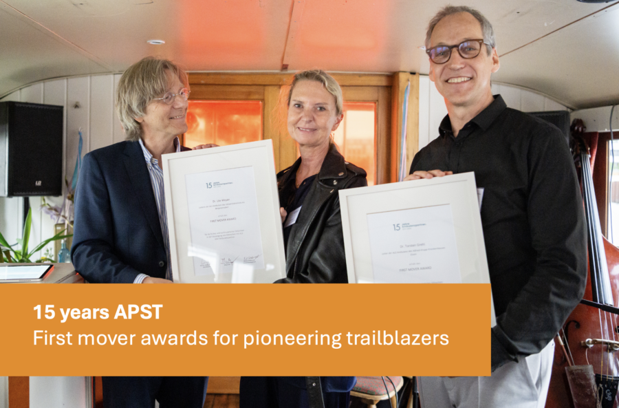 Three people in a room hold framed certificates, with an orange banner reading '15 years APST – First mover awards for pioneering trailblazers'.