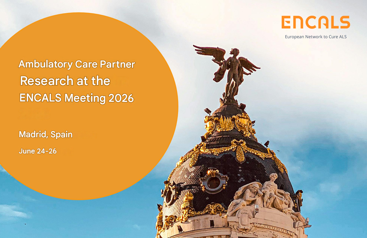 Orange circular text panel with: 'Ambulatory Care Partner — Research at the ENCALS Meeting 2026; Madrid, Spain; June 24–26' and ENCALS logo in the sky