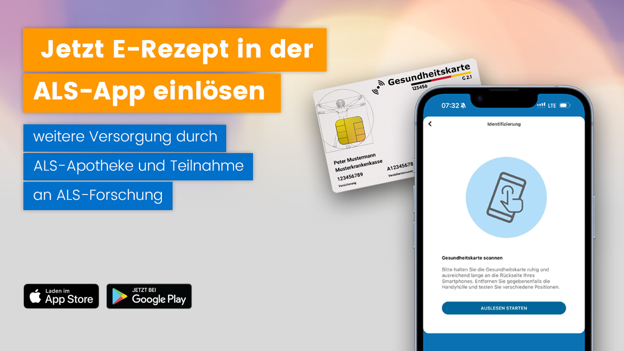 Banner promoting the ALS app to redeem e-prescriptions, with phone screen and health card visuals and app-store badges.